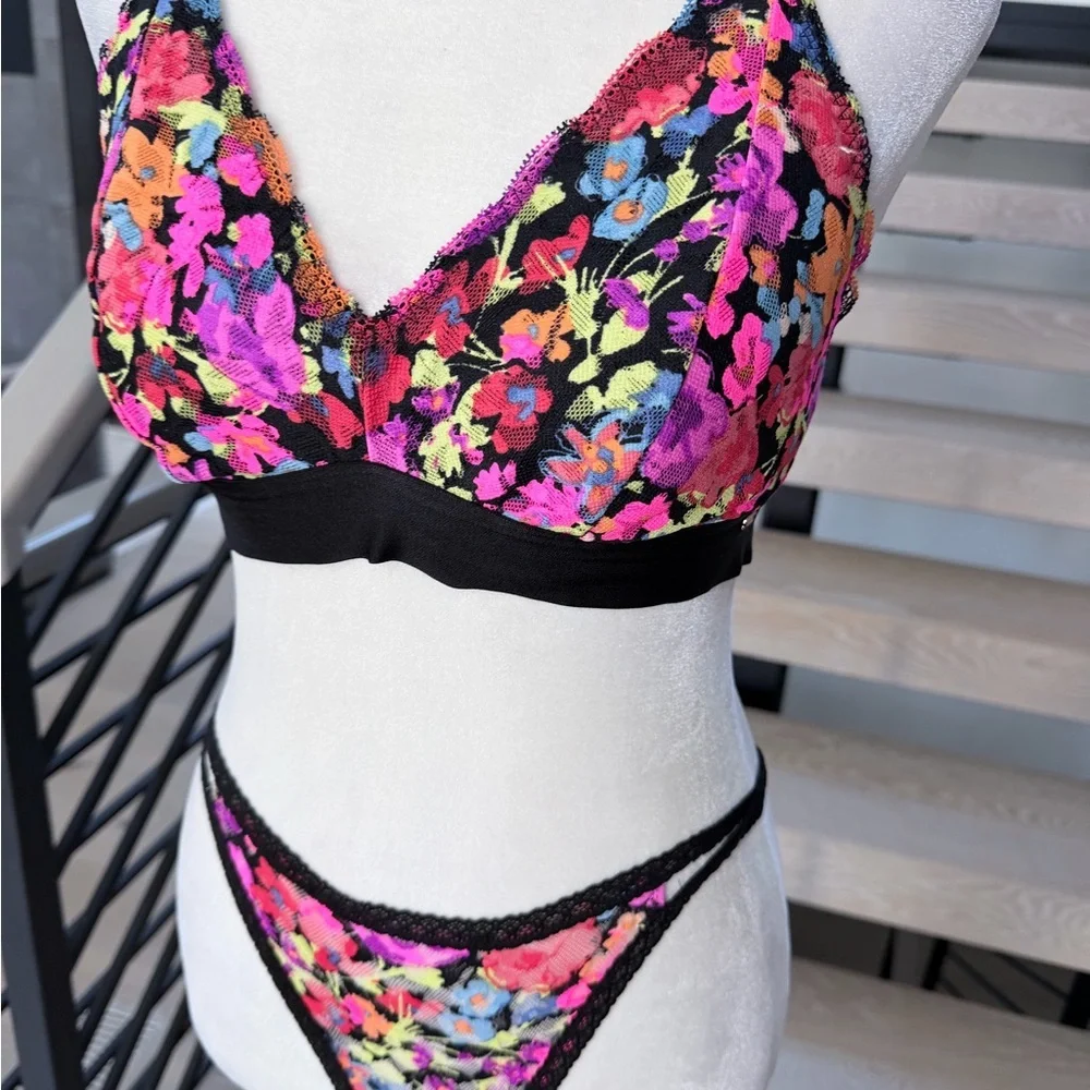 Floral Multicolor Padded Bralette with Black Trim and Panties Matching set